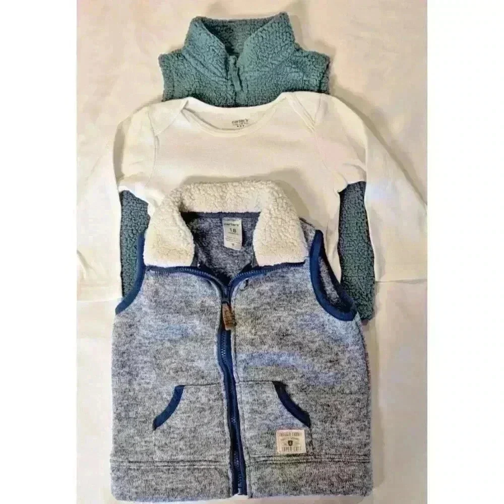 Carter's Boys Size 18 Months 3 Piece Bundle (2) Cozy Vests and L/S Snapsuit